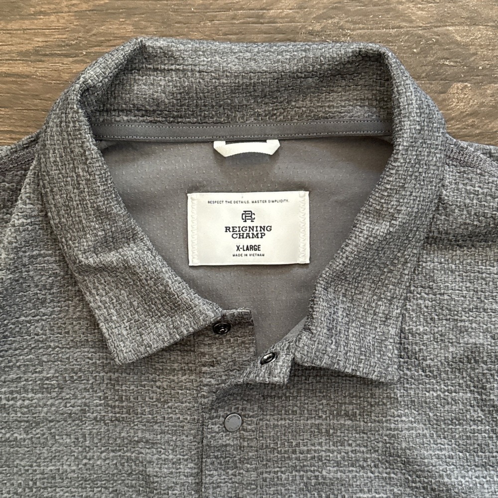 Reigning Champ Polo Shirt Men XL Gray Performance Stretch Snap Solotex - Picture 3 of 8